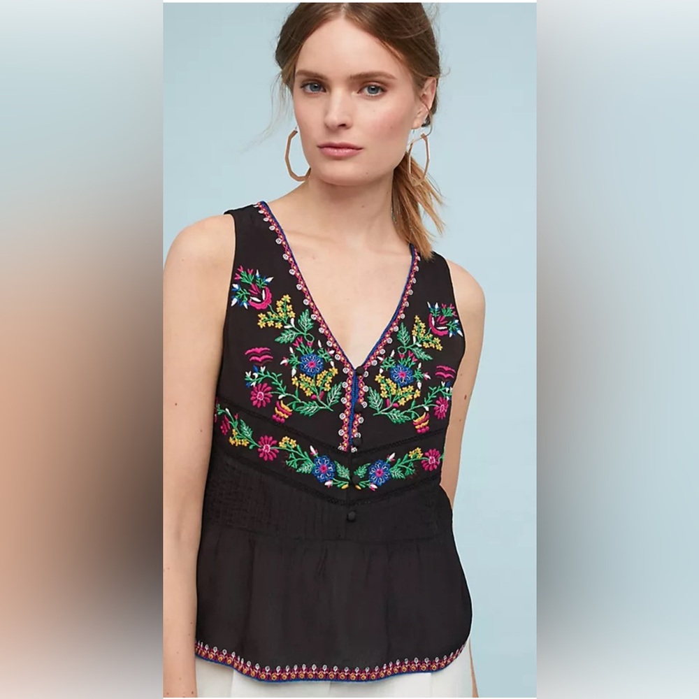 MAEVE Anthropologie Carlotta Black Floral Embroidered Sleeveless Top Size Small